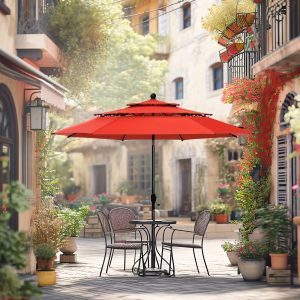 3-Tier Patio Umbrella 10 Ft Vented Outdoor Canopy Sun Shade Large Market Table Umbrella Double-layer Cloth & Push-button Tilting For Yard/Garden/Park Tan, Red